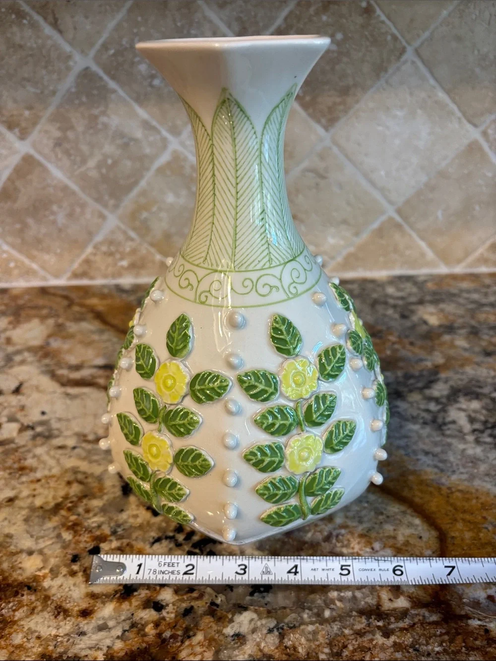 Anthropologie Ceramic Vase with Green Leaf and Yellow Flower Relief